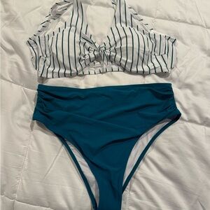 CUPSHE Teal and White Striped Bikini, sz XXL